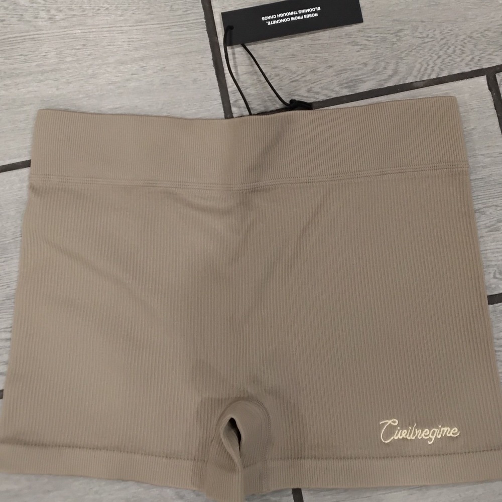 Civil Regime Ribbed Biker Shorts Tan Khaki High Waisted Athletic XL NWT